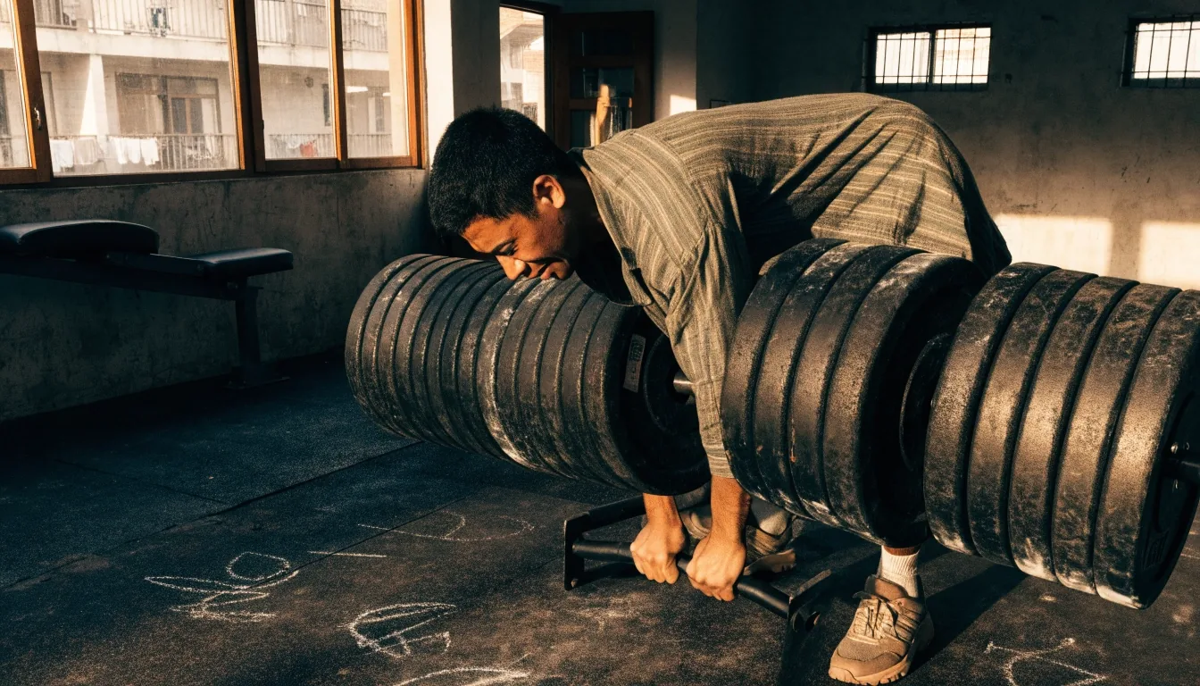 A loaded trap bar and bumper plate on worn rubber matting with low afternoon light across the plates