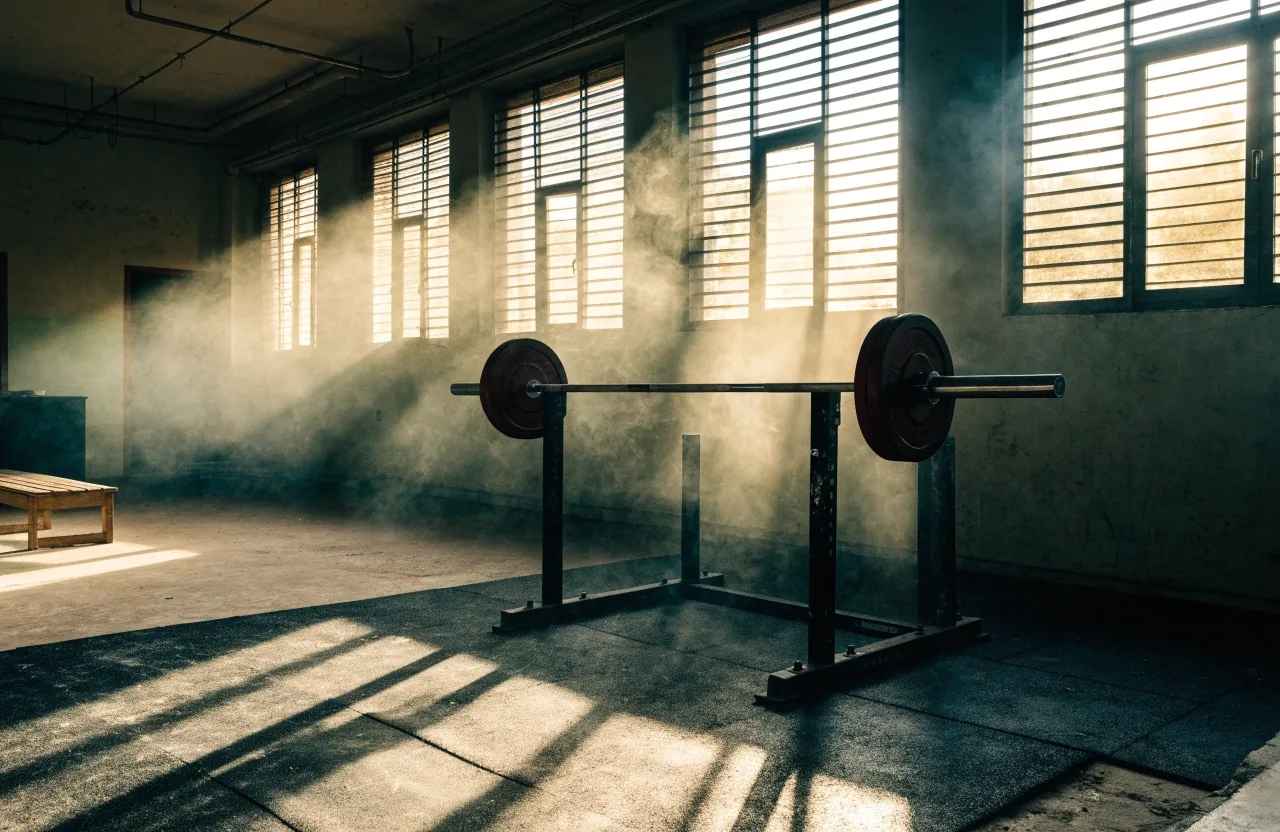 A barbell resting on worn matting in a small Bandung strength-training hall, low morning light across the concrete floor