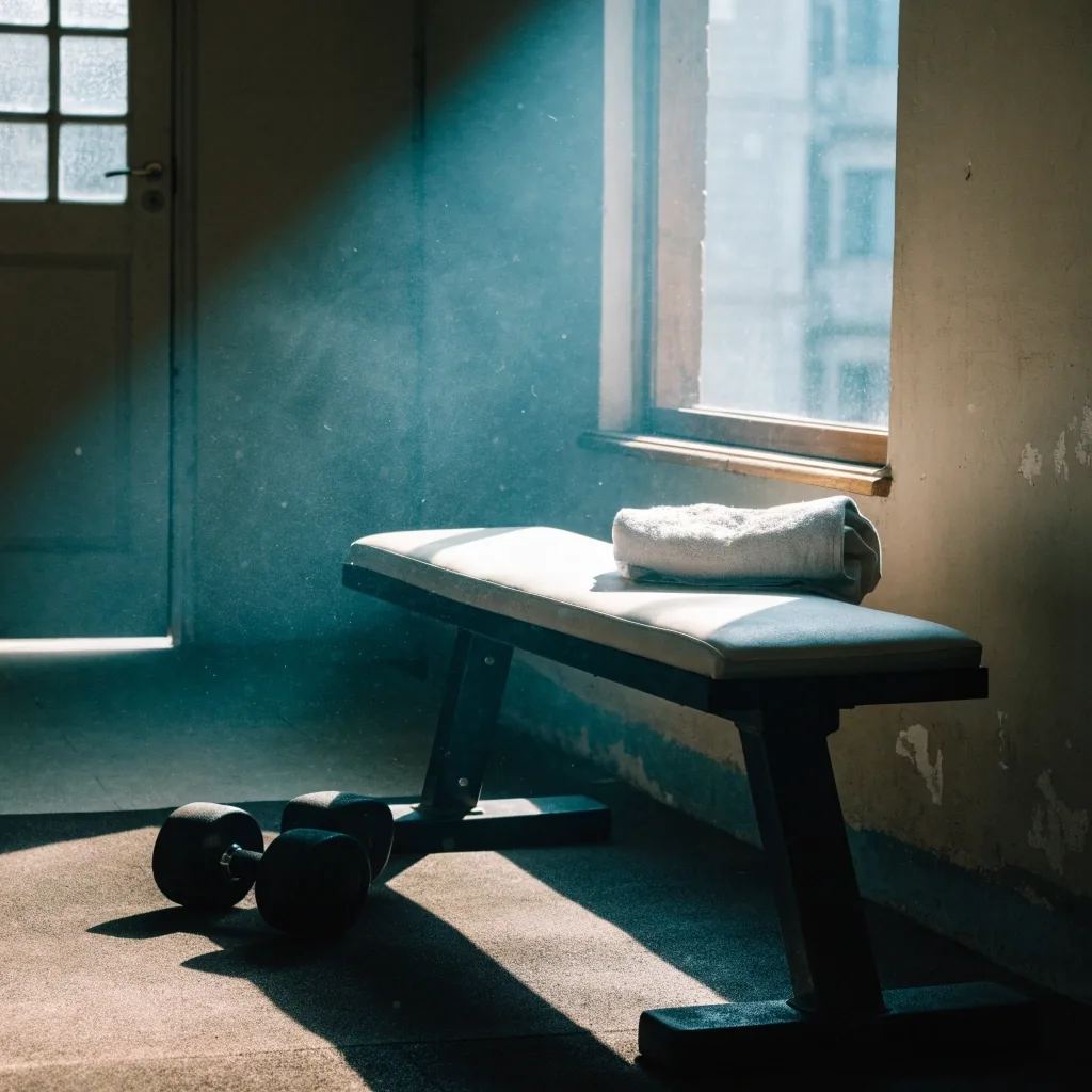 Dumbbells and an adjustable bench beside a tall window in a modest Bandung training room