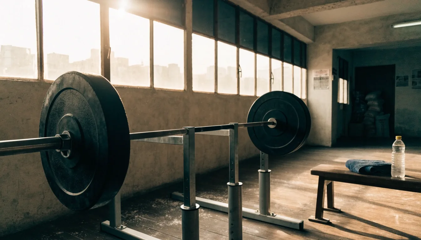 A quiet training room with racked dumbbells and a lifting platform
