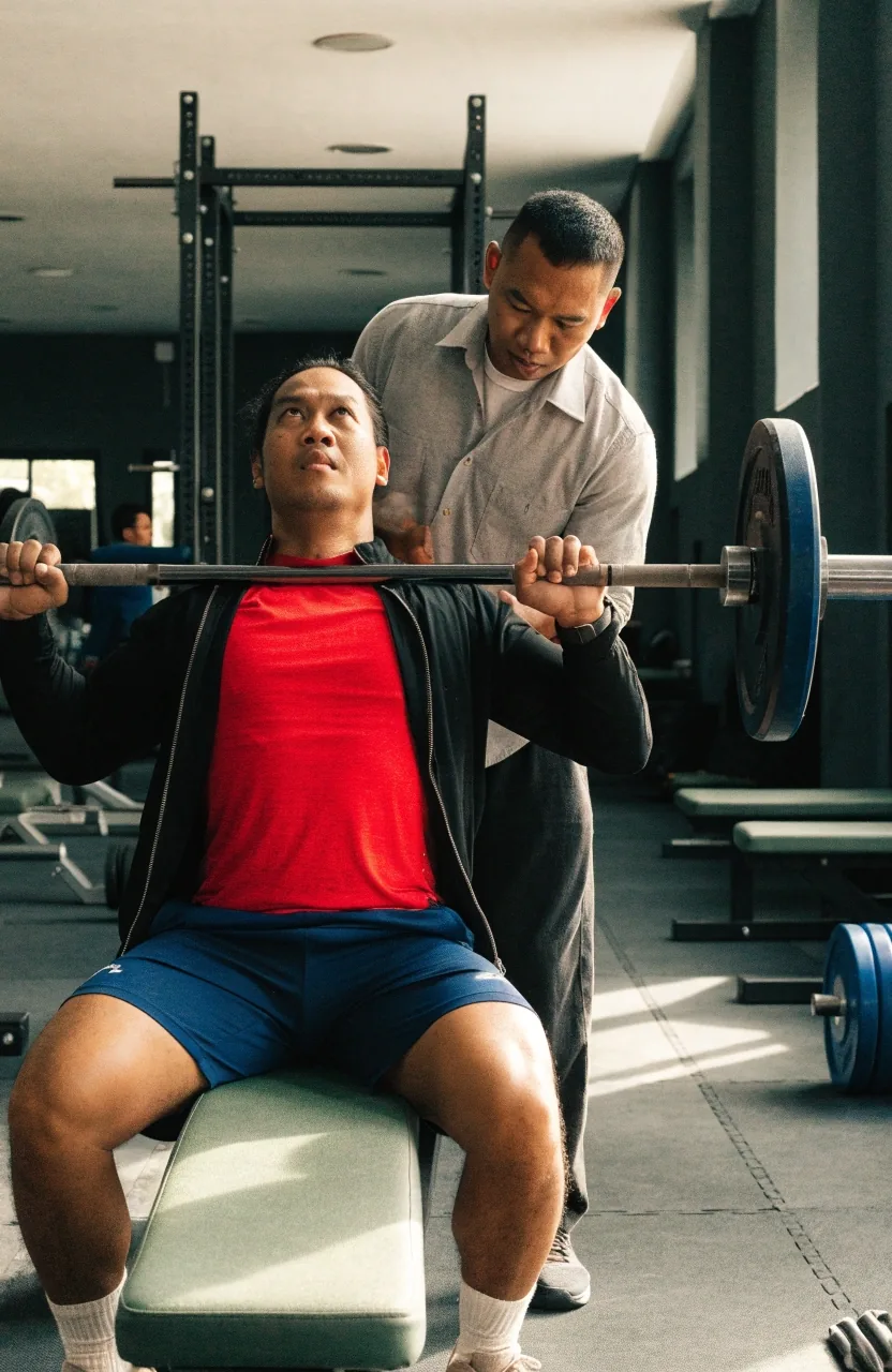 Lifter pressing a barbell on a flat bench with a coach watching