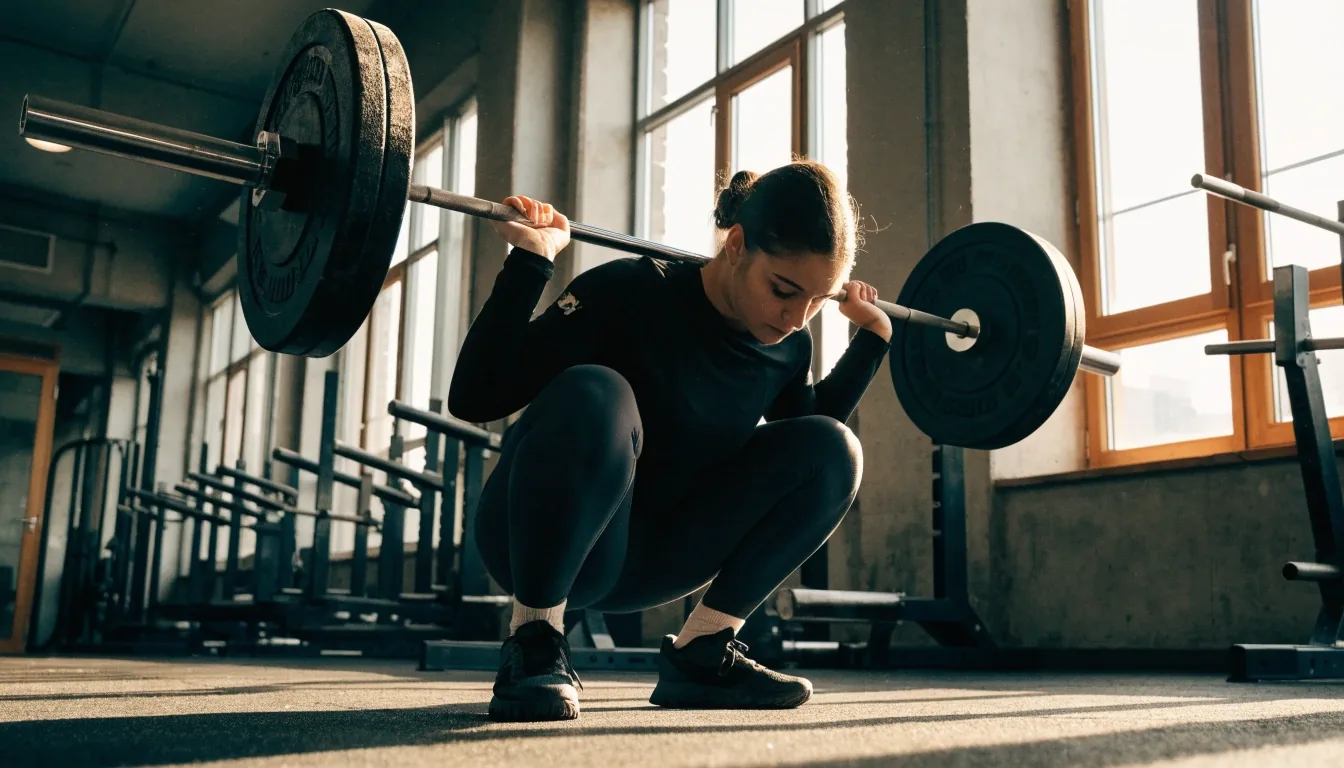 Lifter at the bottom of a barbell back squat in a daylight gym