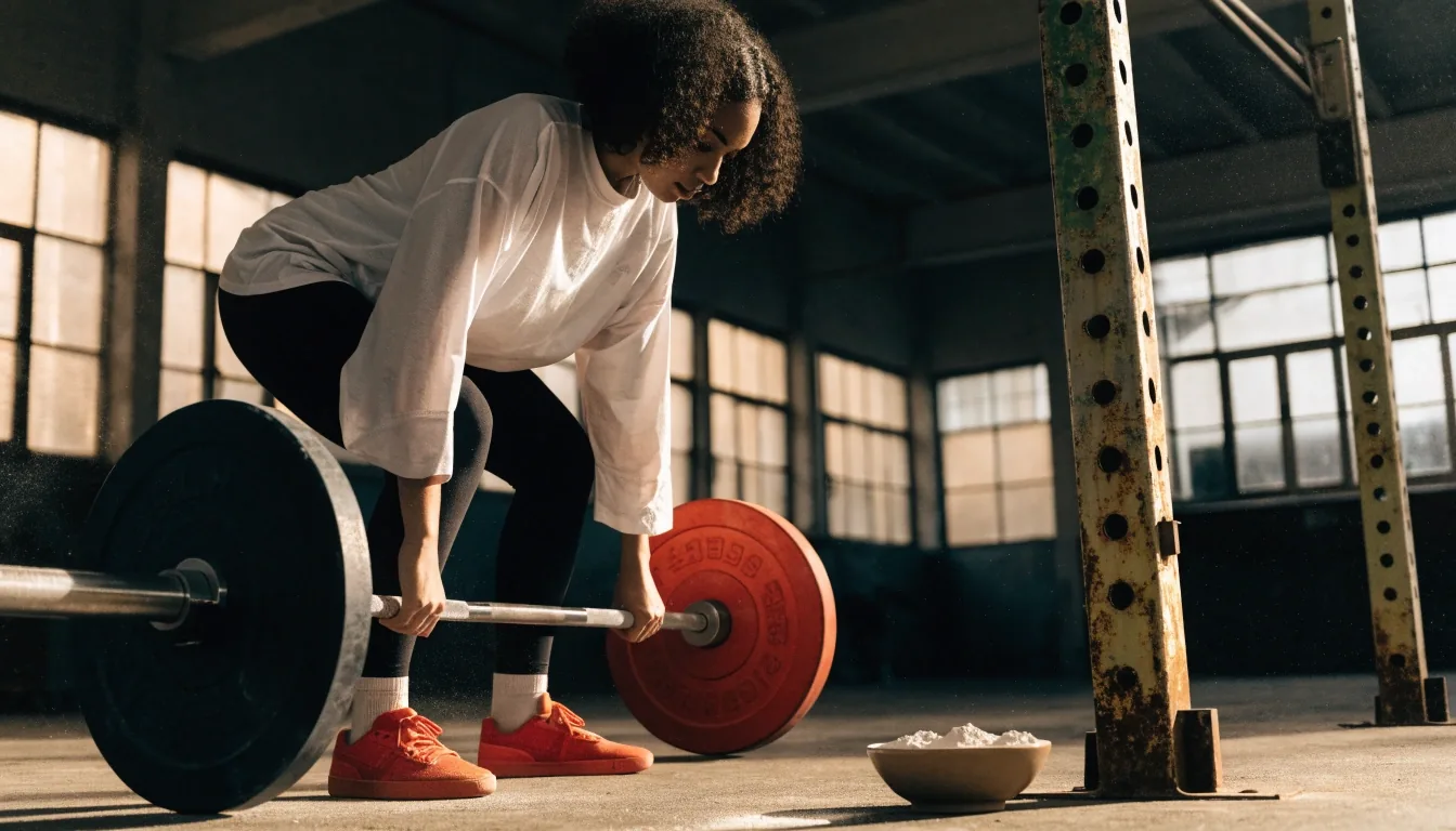 Lifter setting up at a loaded barbell in a bright training hall