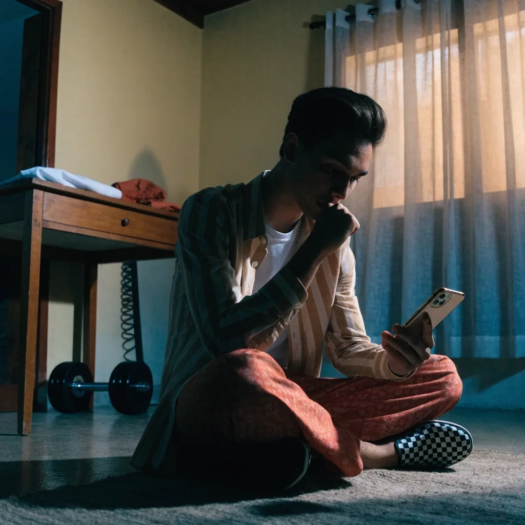 A reader sitting on the floor at home with a phone, writing training notes on a notepad.