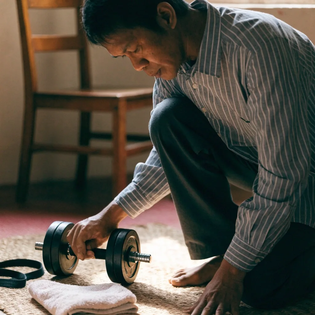 Adjustable dumbbells and a resistance band on a wooden floor in a small home training corner.