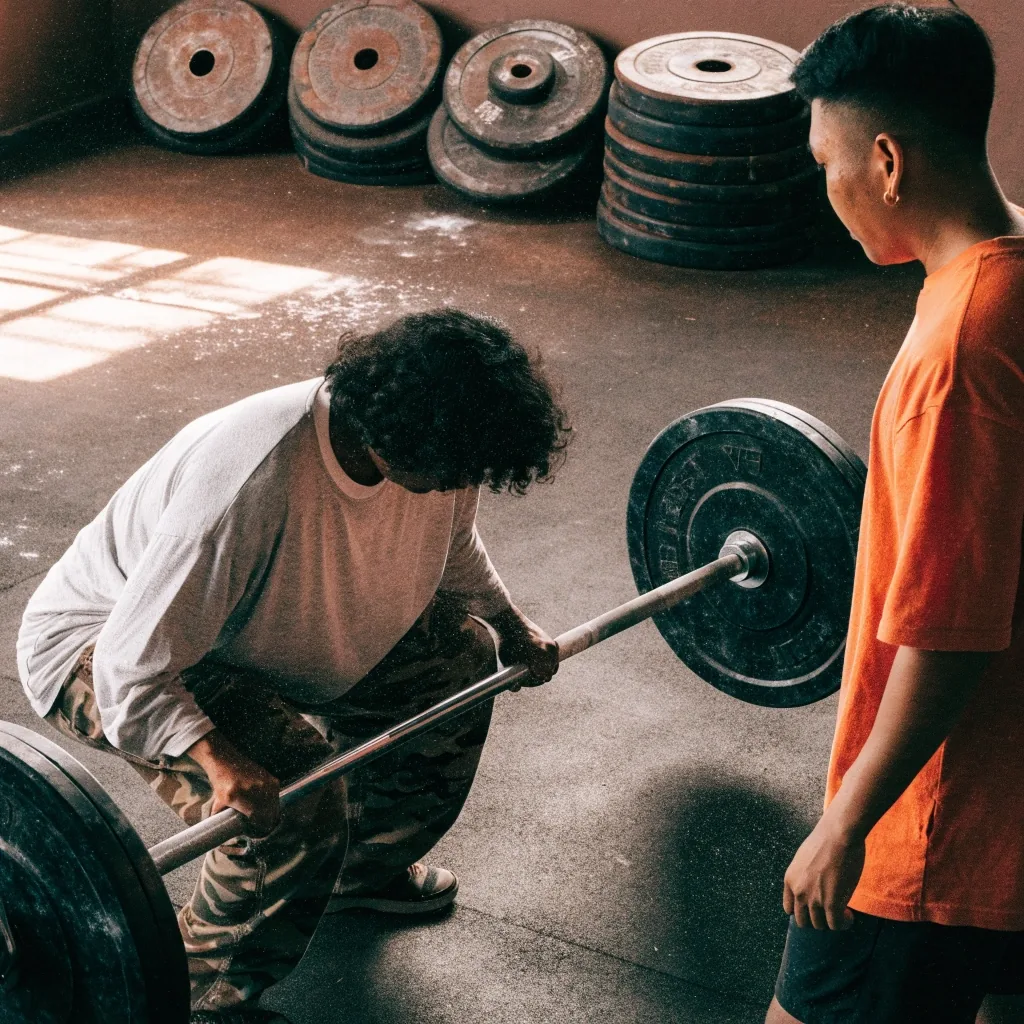 Two people working through a barbell squat on the gym floor, with a training partner checking the bar path.