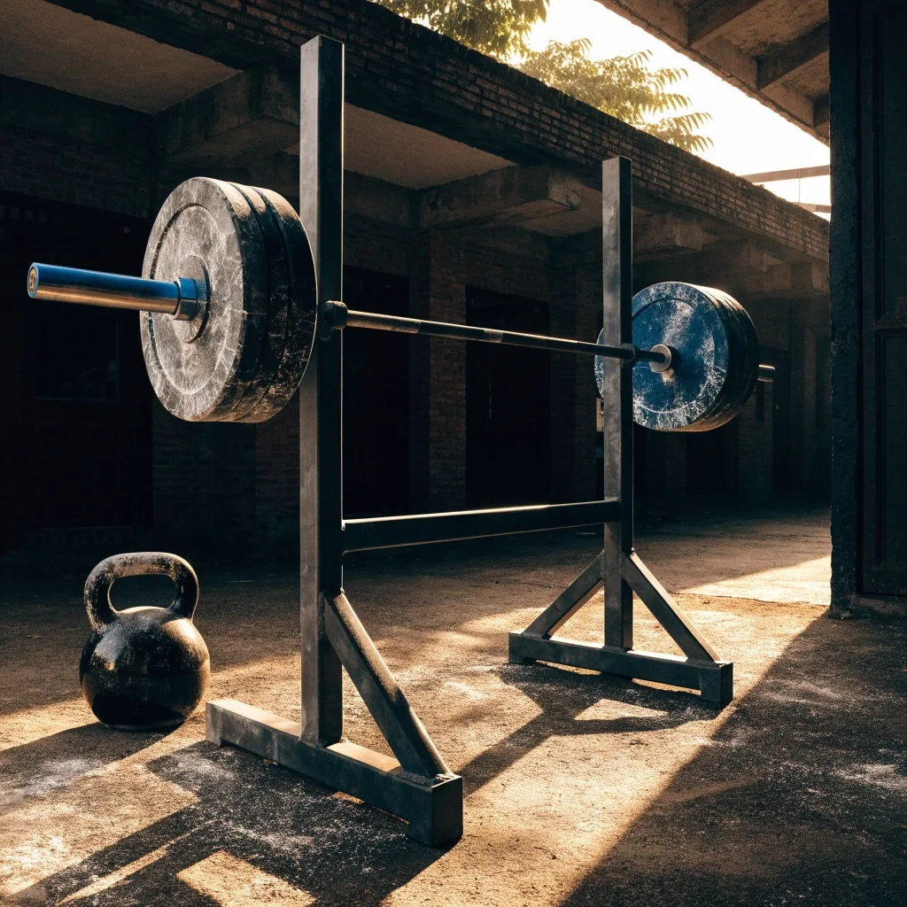 Outdoor training space with weight racks and a bench in warm late-afternoon light