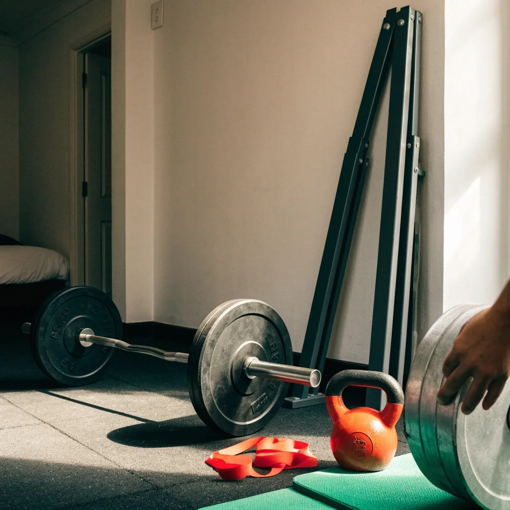 A home training corner where bands and adjustable dumbbells are set out on a mat before a session