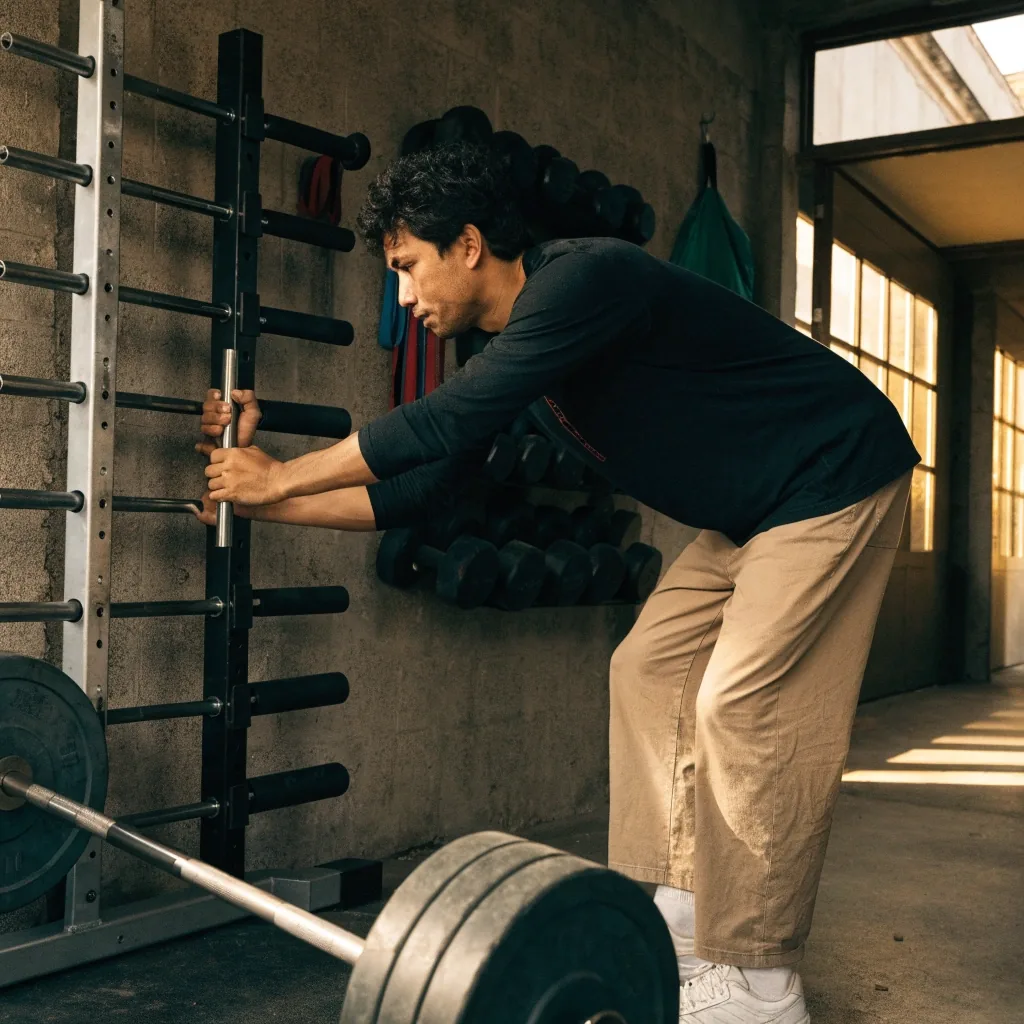A barbell sitting in the hooks of a home squat rack with spotter arms fitted to the uprights