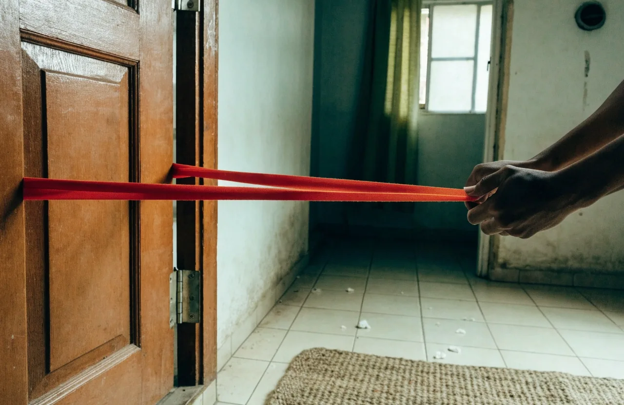 A resistance band anchored at the base of a door frame and held under tension for a low row