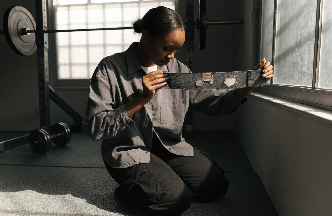A barbell grip being wiped and a resistance band inspected for worn patches