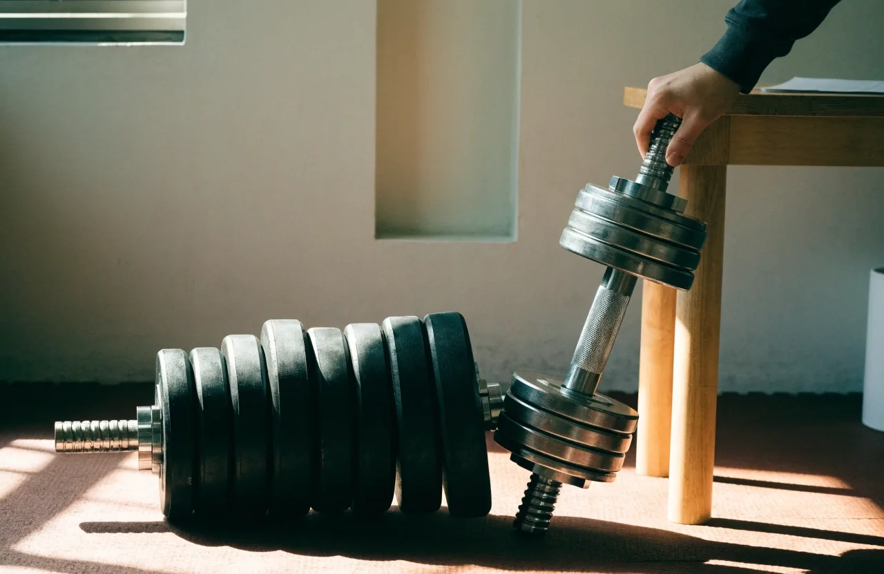 An adjustable dumbbell with its plates laid out on a mat beside a home bench