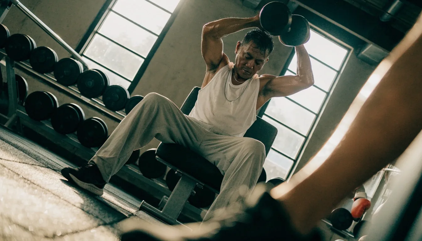 Lifter pressing dumbbells overhead in a neighbourhood strength gym