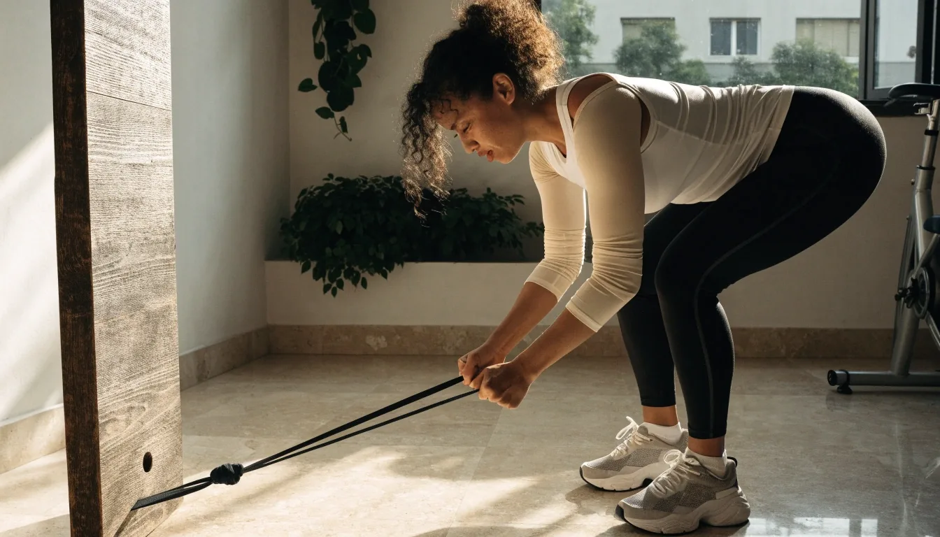 Morning light across a modest strength gym with a squat rack and dumbbells