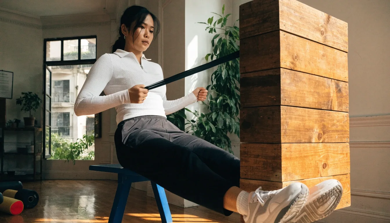 Woman training with a resistance band in a sunlit home training space