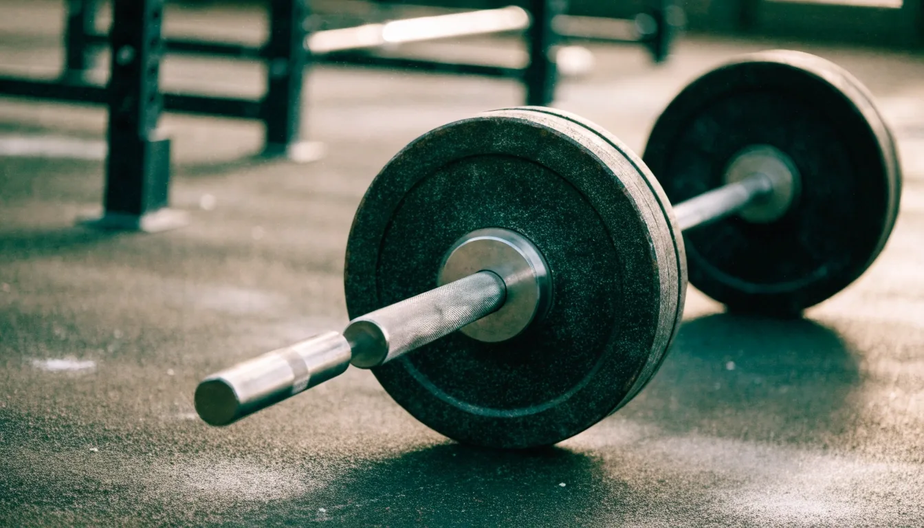 Close view of a loaded barbell resting on a rubber gym floor with a blurred squat rack behind