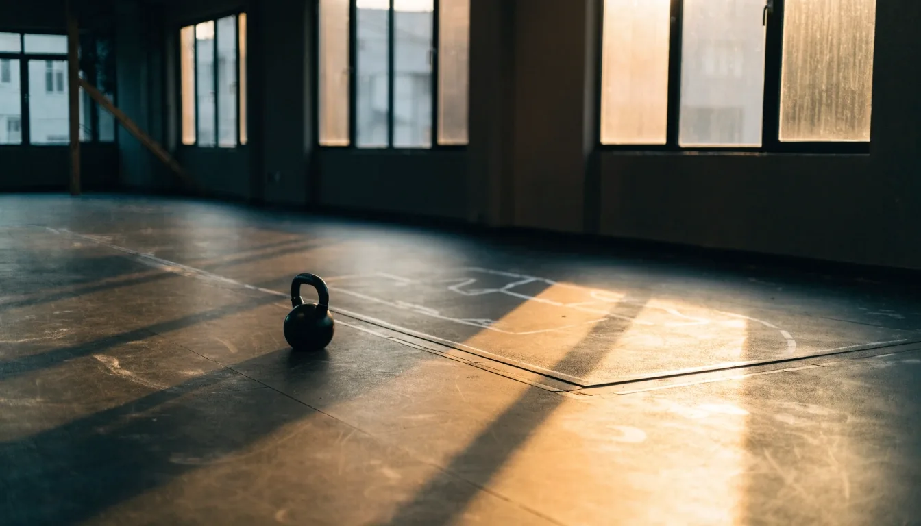 Empty strength-training studio floor at the end of the day with a kettlebell on a platform