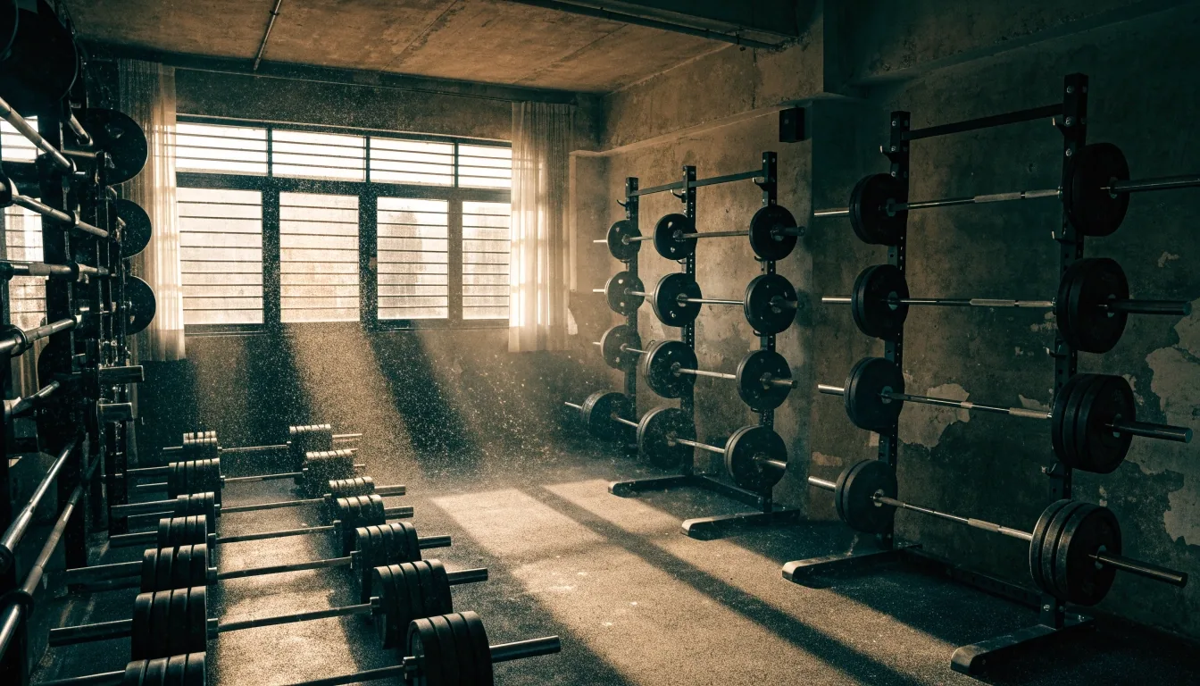 Strength-training studio in Bandung with barbell racks and rubber flooring in early morning light