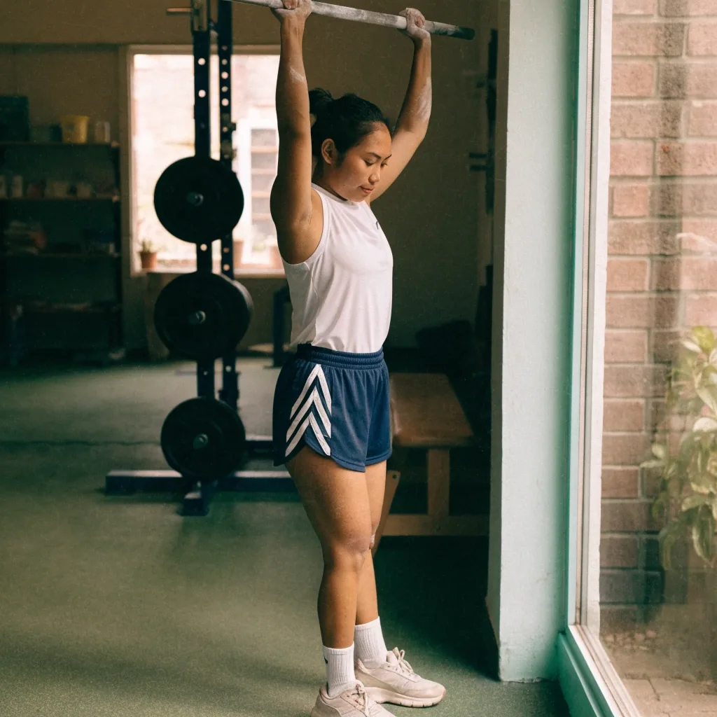 A lifter pressing a light barbell at moderate load during an easier training week