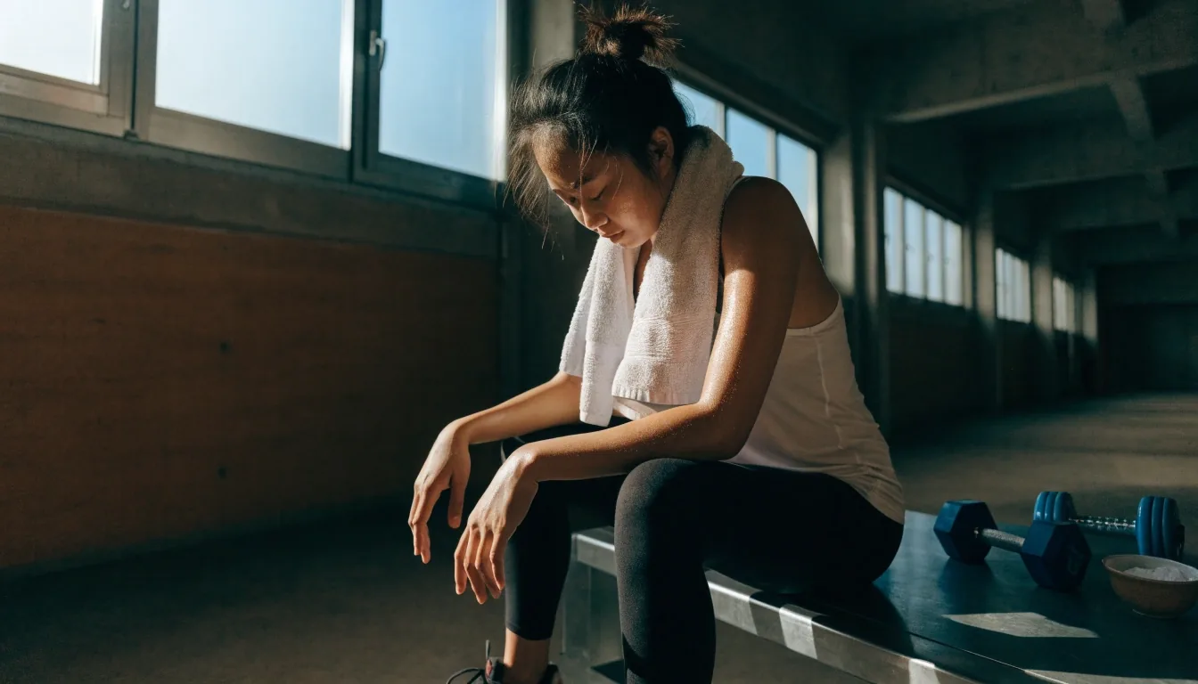A lifter sitting on a bench between sets, breathing steadily in a dim gym