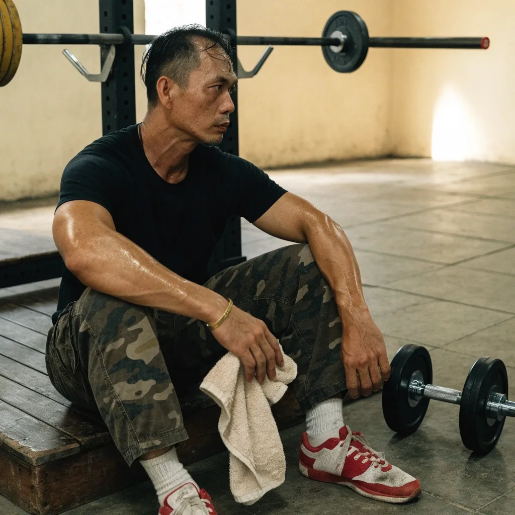 A lifter walking out of the training space after finishing a session