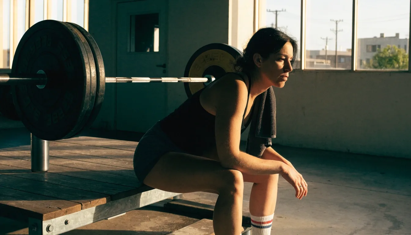 A lifter resting on the edge of a lifting platform after a working set in a neighborhood gym
