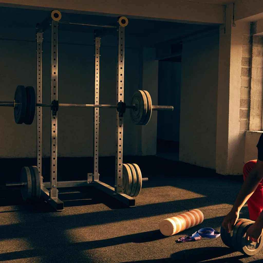 An empty training floor at dusk with a loaded barbell on a squat rack platform