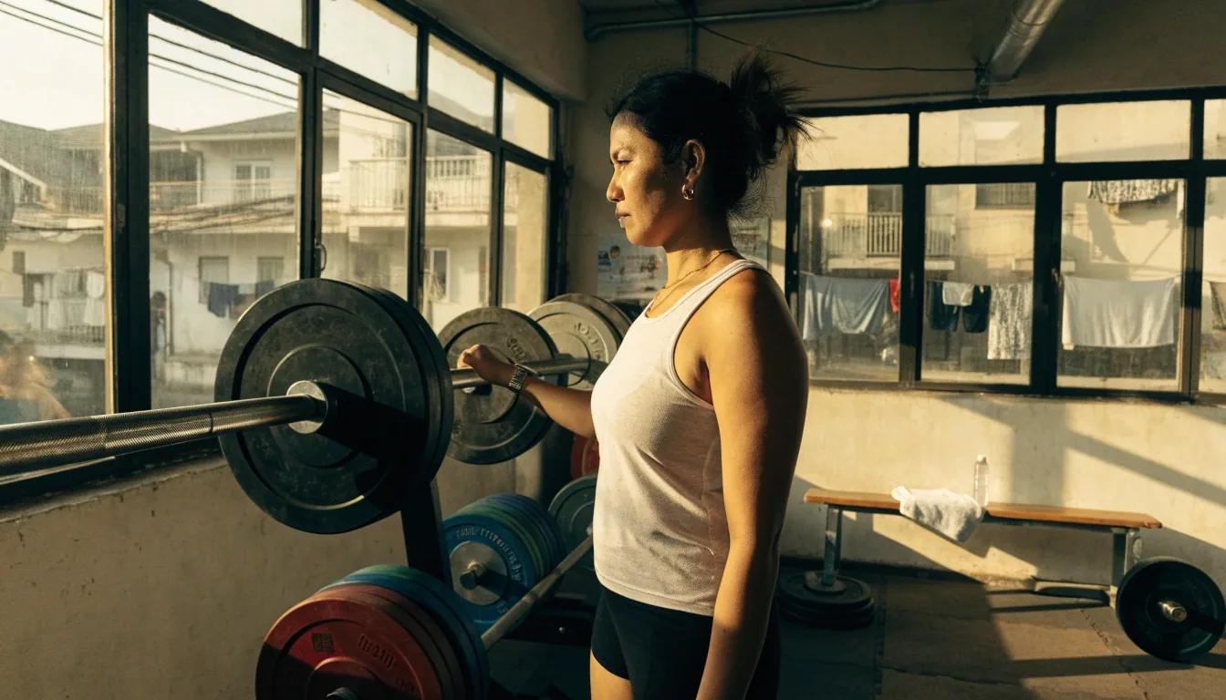 Lifter setting up a barbell on the training floor
