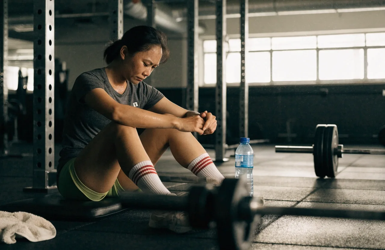 A lifter sitting on a bench after a training session with a towel beside him