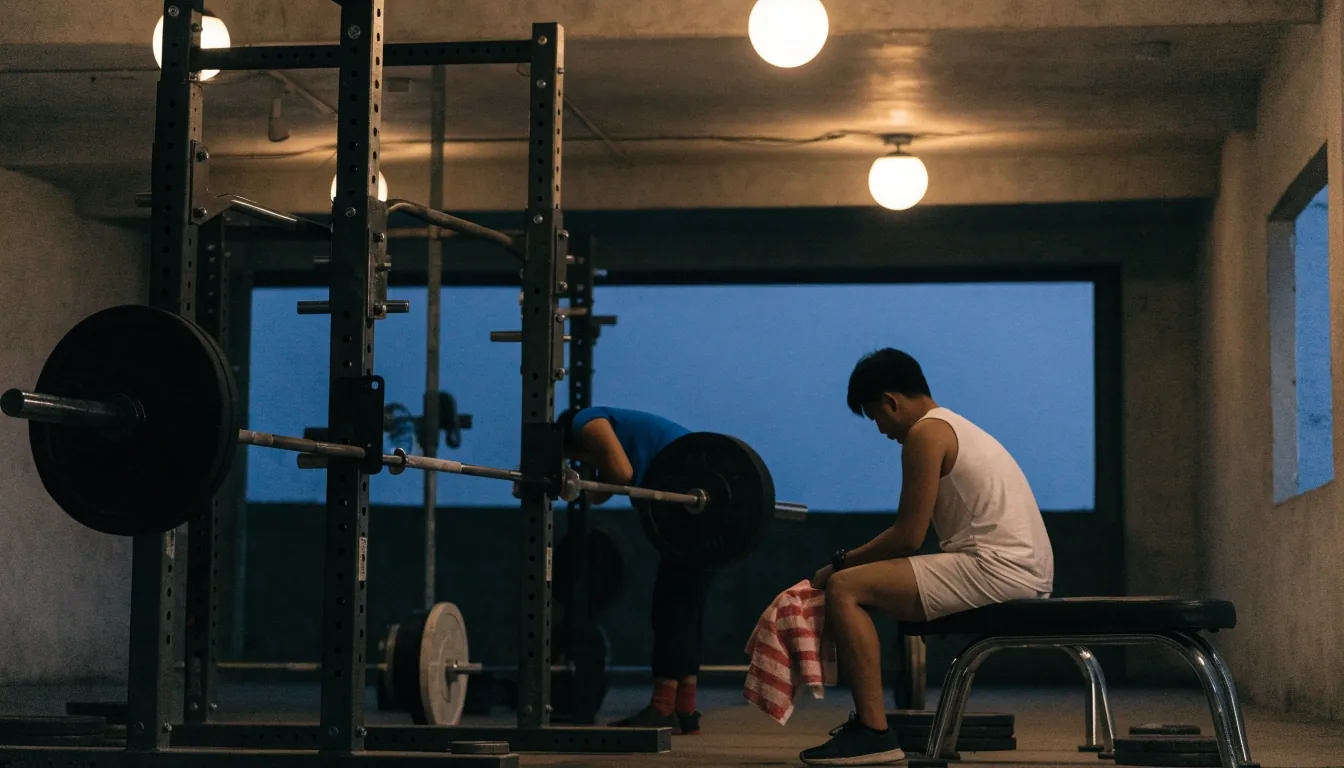A modest neighbourhood gym interior in the early evening with people training between stations