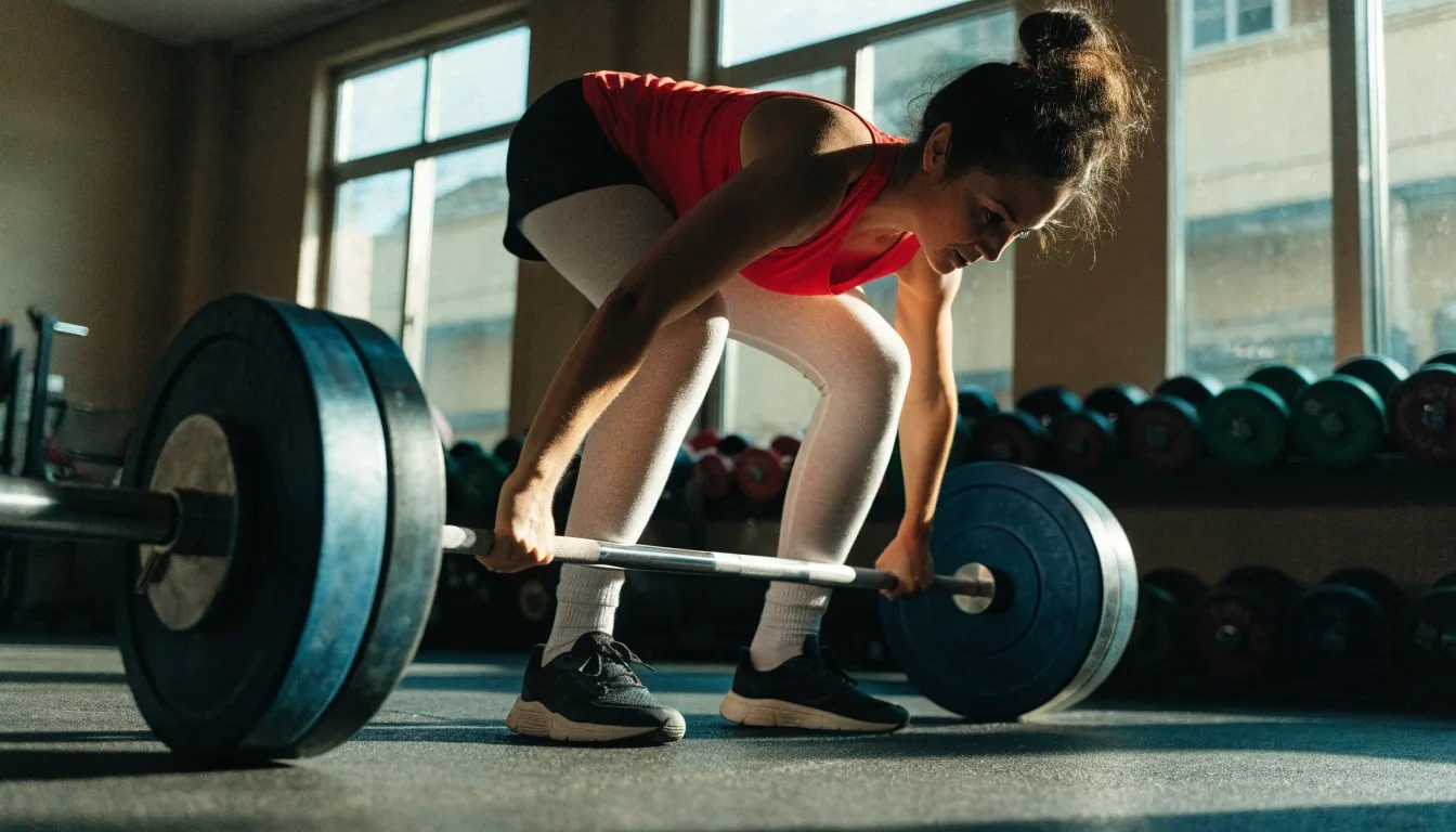 A lifter holding the top of a barbell deadlift inside a plain urban training hall