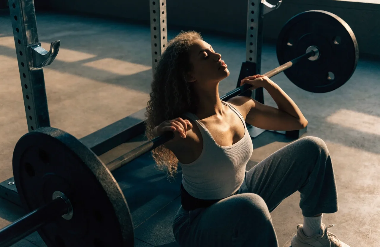 A lifter resting between sets of a barbell back squat on a plain concrete training floor