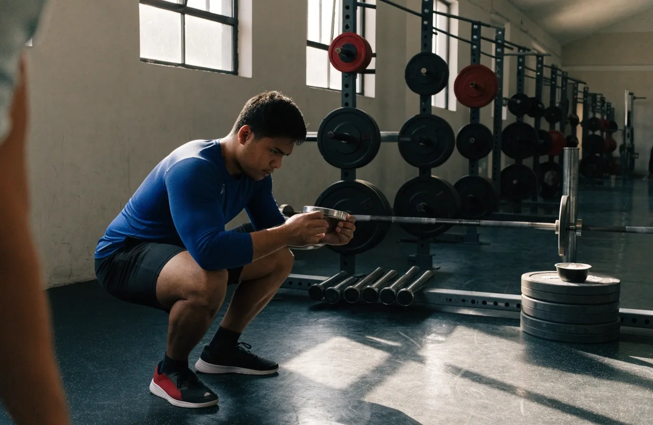 Hands loading a small plate onto the end of a barbell on a rack