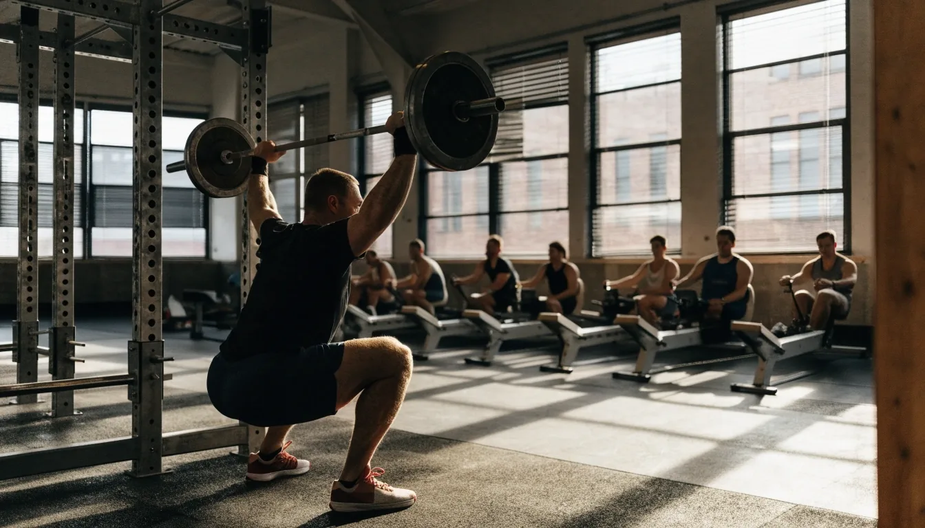 A lifter completing a heavy squat in a rack while a conditioning class trains in the same room behind