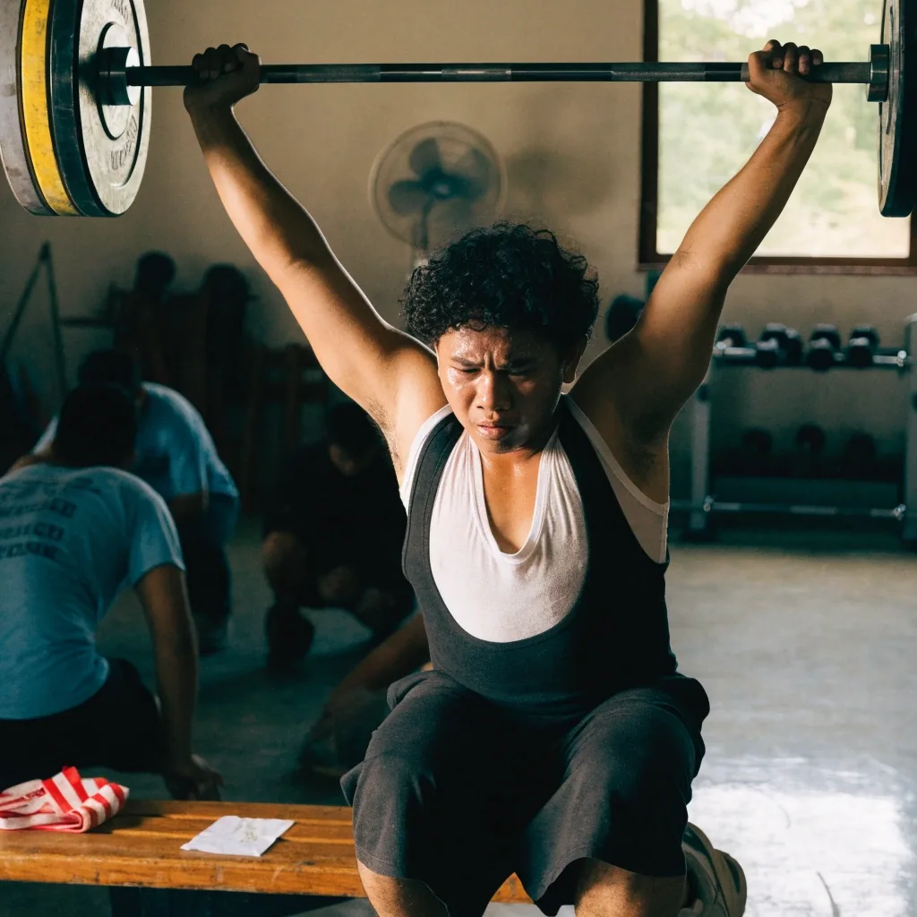 A loaded barbell resting on a gym floor beside a bench, a folded resistance band and a blank training log nearby