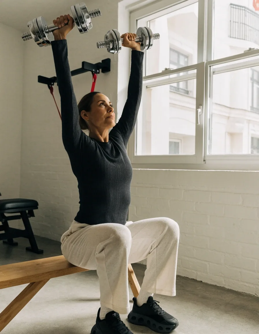 A person pressing adjustable dumbbells at home beside a bench and a wall-mounted resistance band