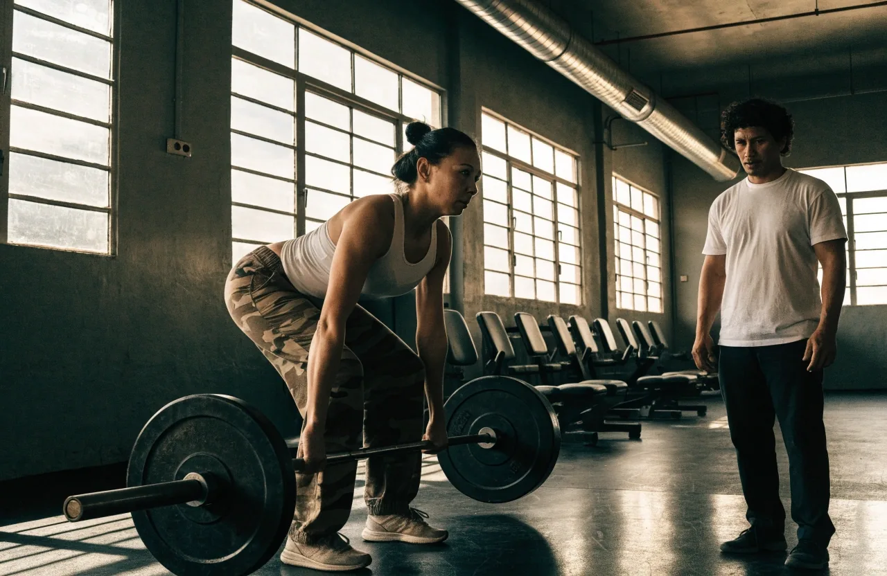 A lifter pressing a loaded barbell on a gym platform while a training partner spots, morning light across the floor