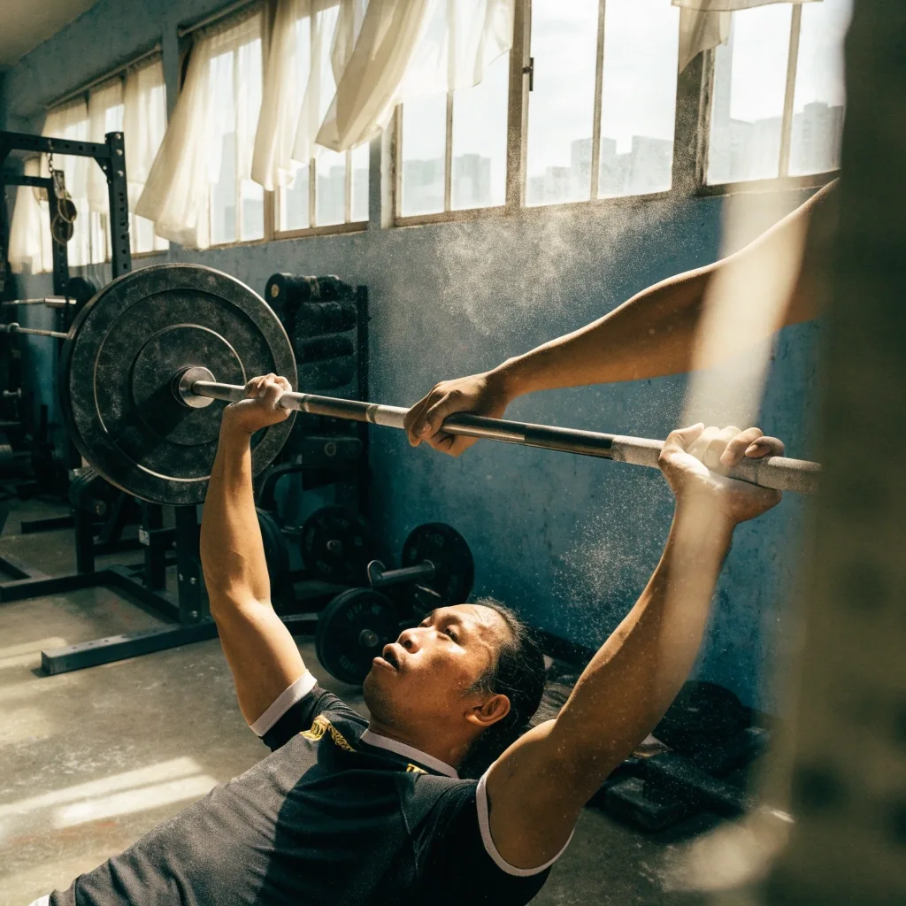 An empty training hall at the end of the day with a barbell rack, a bench, and late sunlight across the floor