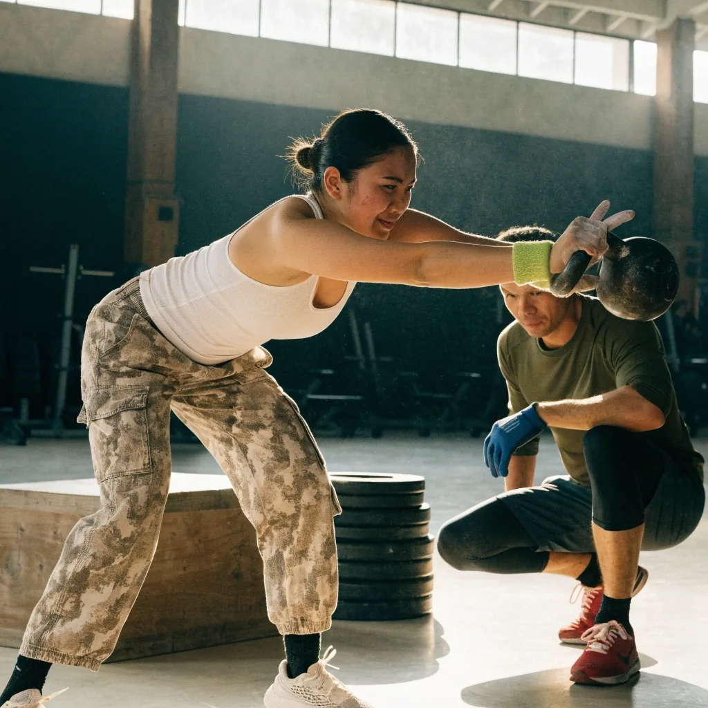Members of a conditioning class moving through kettlebell swings and step-ups in one open gym room